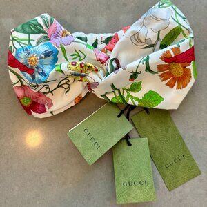 GUCCI - Authentic White Flora Printed Logo Multicolor Silk Headband - NEW
